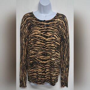 Evie L Cardigan Sweater Long Sleeve Animal Print Button Down Slinky Stretch Knit